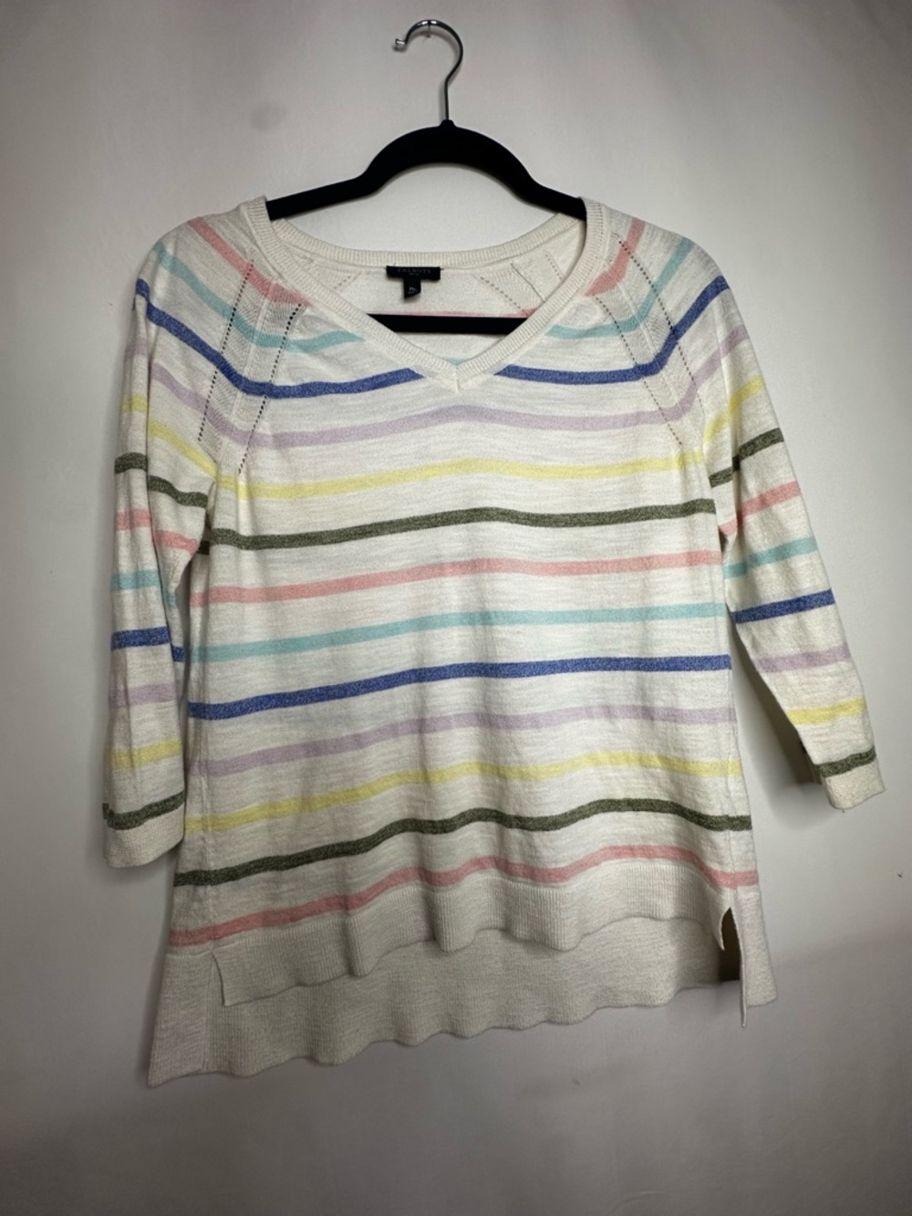 Talbots Cream Striped Long Sleeve Tee with Pastel Stripes